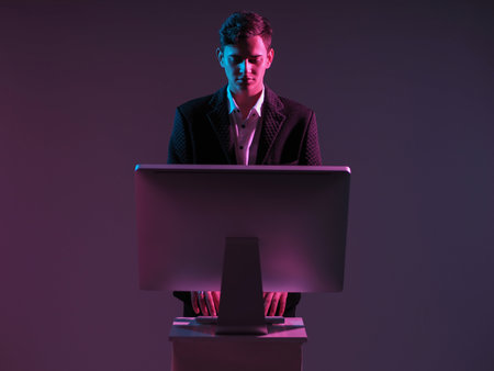 Man works at a computer while standing. A monitor stand next to man. Businessman and computer on a dark background. A man in a business suit. He is typing something. Concept business managementの写真素材