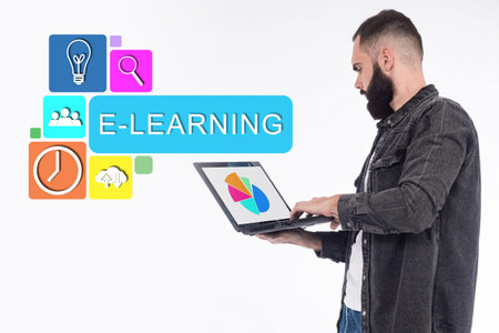 Online training. E-learning symbols next to a man. He studies something over the internet. Student...