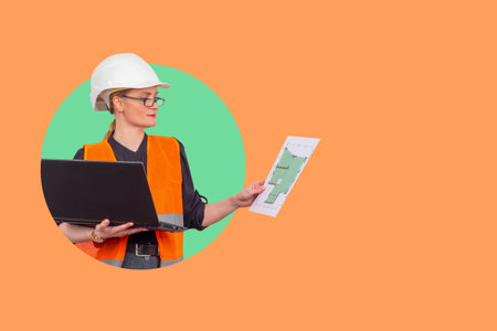Collage with a woman architect, engineer or designer. A woman in a construction helmet examines the...