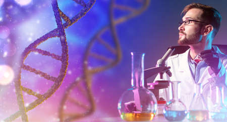 Gene analysis in the laboratory. A geneticist looks at an abstract spiral of DNA. A bearded lab technician with a flask and a microscope. Gene manipulation. Medical tests and research.の写真素材