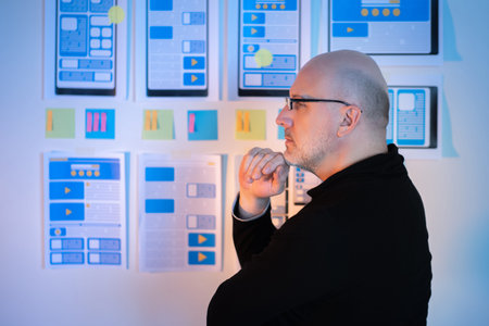 Man examines mock-ups of mobile applications. He works in a web studio. Concept - business of...