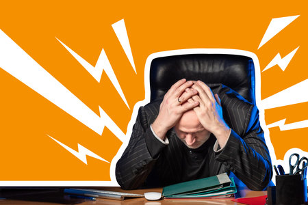 Magazine collage about problems in business. A desperate businessman on an orange background with...