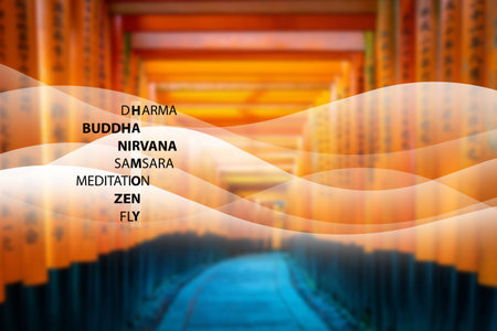 Red Japanese gate next to Buddhist symbols. Inscriptions about Buddhism on background of Japanese...