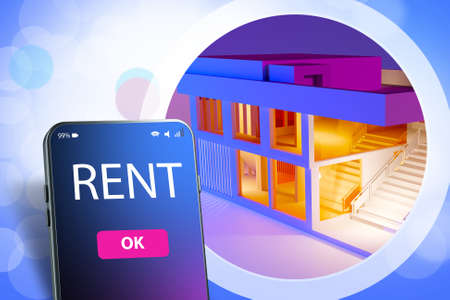 Office rent. Office real estate rental. Realtor application in a smartphone. Choosing an office space. Business building and a smartphone with the inscription Rent. Business real estate. 3d imageの写真素材