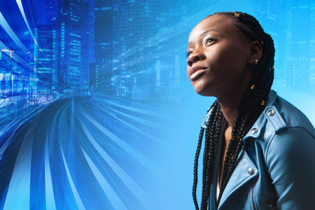Young girl on background of evening city. Concept - she dreams of traveling. Portrait of a young...