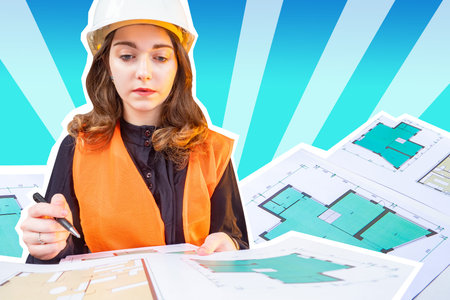 Magazine style collage with a girl-builder. A woman wearing a white hard hat and a reflective vest....