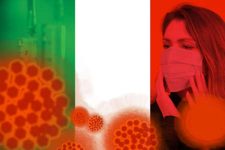 Woman in a gauze bandage. Italian waiting for the invention of a medicine. Viral epidemic. Cure diseases. Concept - the girl found out about the infection. Concept - antidote invention expectationsの写真素材