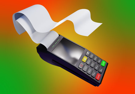 Credit card reader on a bright background. Payment terminal with a long paper receipt. POS terminal for payment. A terminal for paying by bank cards. Acquiring, contactless payment. 3d imageの写真素材