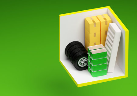 Self-storage unit 25 square feet. 25 sq ft storage box. Storage rooms with tires and boxes. Mattress and containers are stored in warehouse. Storage of personal items in rented storage facility. 3dの写真素材