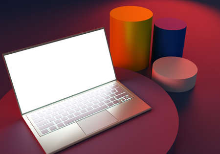 Laptop computer. Abstract geometric shapes background with a laptop. Laptop with blank screen. Fashion and trendy mockup. Pink color. Minimal style. 3d renderingの写真素材