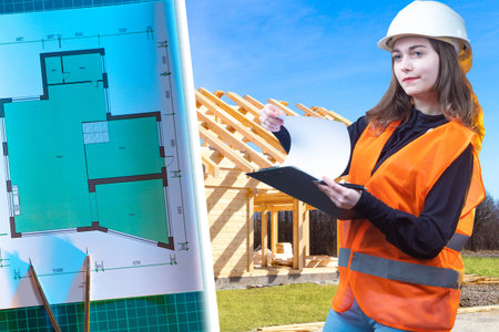 Architectural drawings next to builder. Woman builder on background of a house under construction....