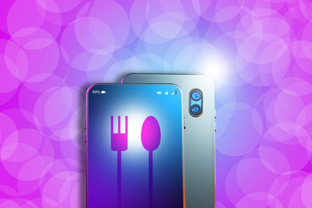Spoon and fork on smartphone screen. Ordering ready meals. Ordering food in mobile app. Delivery of...