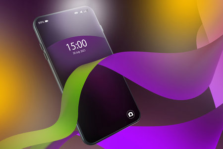 Smartphone on lilac background. Mobile phone with the date and time. Date and time on the cell phone...