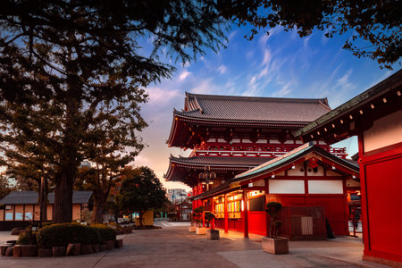 A journey through the evening Tokyo. Japanese attractions. Asakusa Temple in the evening. Tokyo without people. Sights of the Japanese capital. Red Japanese pagodas. A Buddhist temple.のeditorial素材