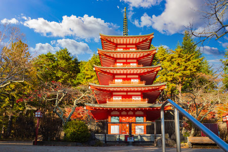 Chureito pagoda in Fujiyoshida. Japan culture attractions. Chureito pagoda on sky background. Japan retro architecture. Guided tours of Fujiyoshida temples. Travel cities near Mount Fuji. Japan tourのeditorial素材