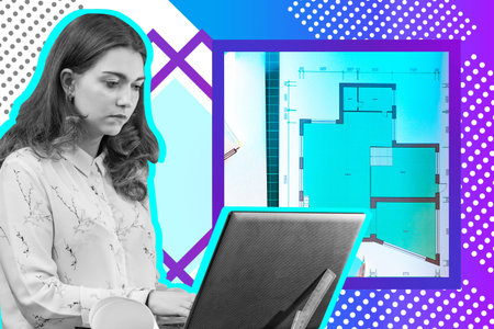 Female architect works with an apartment plan. Design of buildings. Girl is a construction engineer....