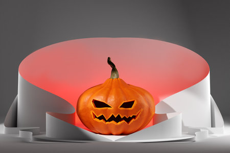 Halloween pumpkin on a gray-pink background. Jack lantern. Jack lamp. Halloween celebration. A pumpkin with a carved face. A smiling pumpkin. 3d image.の写真素材