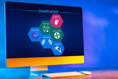 Smart home software in a personal computer. Monitor for smart home technology control. IOT...