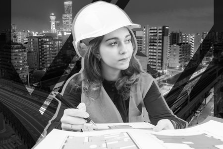 Interior design. A girl with construction plans on the background of houses. Black and white collage construction and renovation. Housing design project. A female architect in a construction helmet.の写真素材