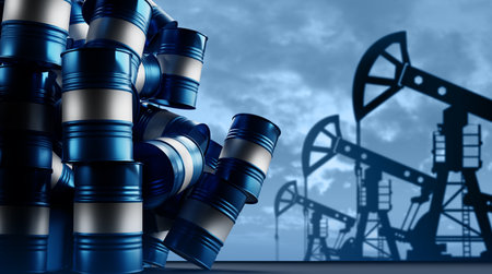 Oil production collage. Oil rigs and barrels. Fuel production. Chemical barrels fall on a blue background. Petroleum production. Crude oil production. Fuel market. 3d imageの写真素材