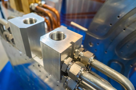 Close-up of the machine made of stainless steel and aluminum. Industrial equipment. Industry, production, automation. Equipment, cables and piping.の写真素材