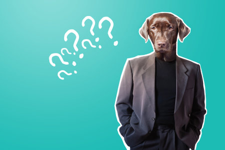 Question marks around a man with a dog's head. A sad dog in a business suit. There are a lot of questions around. Solving problems in business. Fatigue from problems. Metaphor - tired as a dog.の写真素材