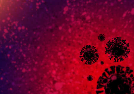 Coronavirus COVID-19 on red background. Coronavirus pandemic. Flu outbreak and covid influenza concept. Coronavirus treatment, vaccination, disease news. 3d rendering. Place for text.の写真素材