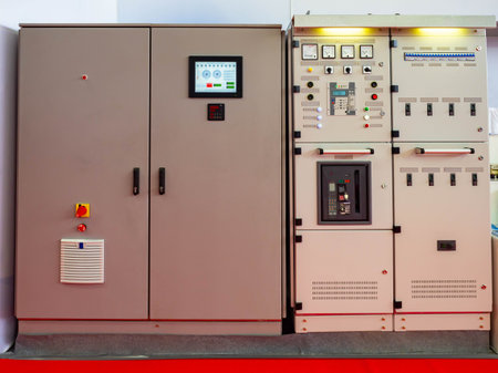 Electricity distribution boxes. Automatic fuses and wires in fuse box. Electrical main switch...