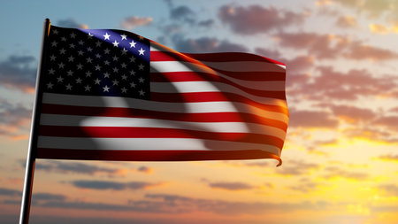American flag on the background of the sunset. State symbols. The metaphor is the sunset of the USA....
