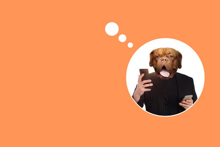 Man with a dog head. Metaphor is a bulldog grip on business. A man with a dog head holds smartphones...