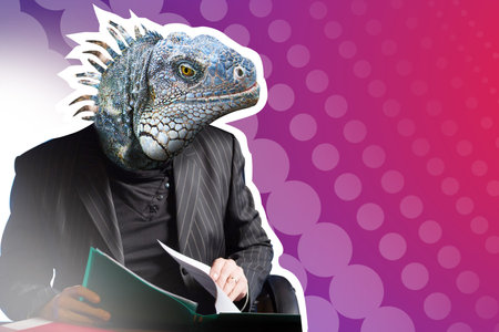 A chameleon in a business suit. High adaptability. A man with the head of a lizard. The person...