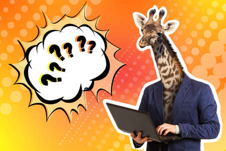 A giraffe in a business suit. The giraffe is working on a laptop. Contemporary art. Surreal collage with a giraffe. Question marks on an orange background. Man with a giraffe head. Slow-witted personの写真素材