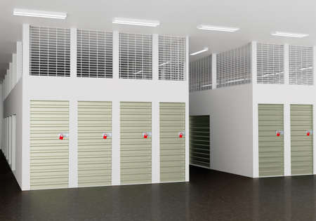 Self storage facility. Storage units with closed doors. Storage warehouse with secure metal doors. Rent of premises for personal goods keeping. Rental warehouses. Personal belongings storehouse. 3dの写真素材