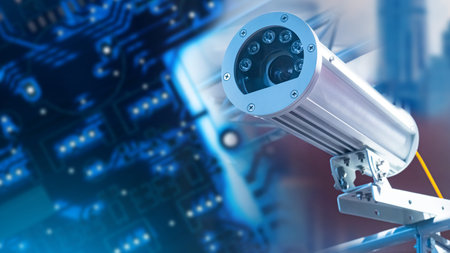 Video surveillance technologies. A video camera in an anti-vandal case. A camera in a metal case against the background of printed circuit boards. The security system in the building.の写真素材