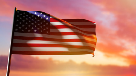 USA flag. American flag on the background of the dawn sky. The national flag of the United States...