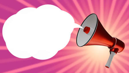 Loudspeaker with cloud for text. Advertising for women. Megaphone on a pink background. Bullhorn and ad window. Messages, important information, attracting attention. Promotion and adv. 3d imageの写真素材