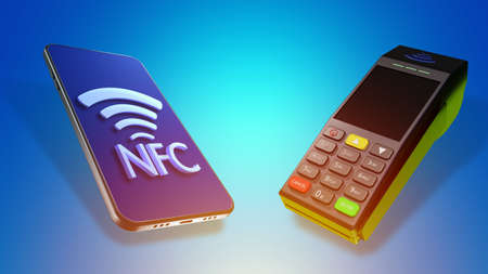 Payment using smartphone. Contactless payments. NFC system. Near field communication. A mobile phone with the NFC logo and a payment terminal. Collage on blue background. 3d renderingの写真素材