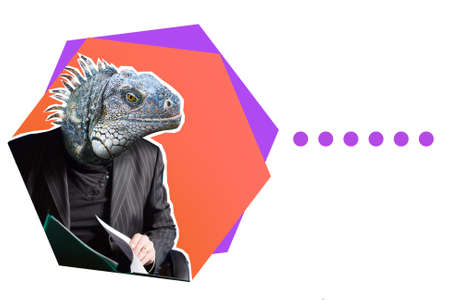 ï¿½hameleon man. A person quickly adapts to the situation. A man with a reptilian head. A bright collage of modern art. A lizard in a business suit. Space for the text.の写真素材