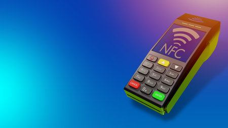 Bank payment terminal mockup. Device for processing NFC payments. Collage with a POS terminal....