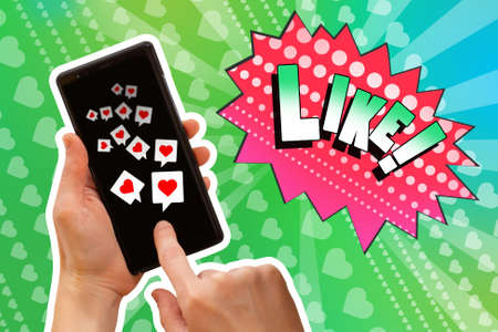 Like icon. Social network app icon. Person puts likes in social networks. Man clicks on the heart icon in the smartphone. Expression of approval and support. A bright collage. 3d imageの写真素材