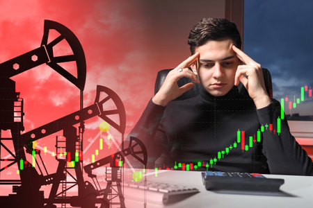 Oil market analysis. Stock analyst on the background of chart and oil rigs. Trader studies the trading data. Investments in the oil business. Investments in shares of oil-producing enterprises.の写真素材