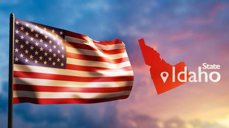 State Idaho in United States of America. USA regions. American flag and Idaho logo. Geographic Contours of State Idaho. Live in America. Travel to North of America. 3d imageの写真素材