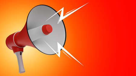 Working loudspeaker. Audio messages, ads, advertising. Magazine collage with a red megaphone. Bullhorn and place for text. Informing, promoting. 3d rendering. Propaganda concept.の写真素材