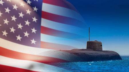 American armed forces. US submarine. Defensive and offensive weapons. The American Navy. Nuclear submarine. The Army of the United States of America. An underwater vessel and a flag.の写真素材