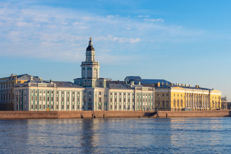 Museums Saint Petersburg. Russia in sunny weather. City landscape of Petersburg. Kuntskamera on a blue sky background. Kuntskamera on a summer day. Panorama of summer Saint Petersburg. Russia travelのeditorial素材