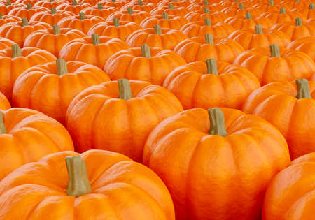 Background with orange gourds close-up. 3d background on a pumpkin theme. Background on theme Pumpkins dish. Wallpaper symbolizing Pumpkins dish. Three-dimensional pumpkin illustration.の写真素材