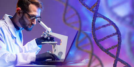 Genetic with a microscope. Male geneticist next to DNA strand. DNA spiral as a symbol of genetic engineering. DNA modification work. Genetic Engineering. Scientist studies human genome.の写真素材