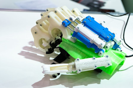 Hand prosthesis made of metal and plastic. Medical equipment for restoration of hands after...