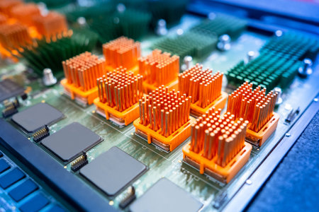Computer board with orange heatsinks. PCB heat sinks are equipped with heat sinks. Individual heatsinks on computer board. Multicolored PCB close up. Microprocessor-based heat dissipation devicesの写真素材