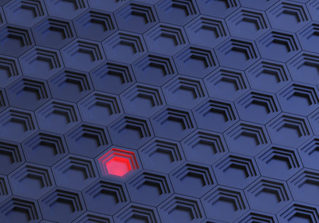 Abstraction with hexagons. Texture of hexagons is violet-blue. Same type of depressions with hexagons. Abstraction with geometric for background. Futuristic background. Background modern. 3D imageの写真素材